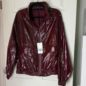 NWT Zara Women's Glossy Maroon Bomber Jacket